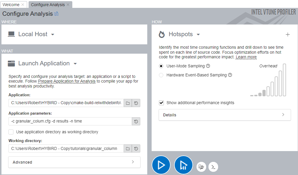 A screenshot of Intel VTune's configure analysis tab showing three panes; where, what and how. The Where pane has an icon of a laptop with the option selected as local host. The What pane has an icon of a clapperboard with the option selected as launch application, it provides sub fields for configuring the application, the application's parameters and working directory. The How pane has an icon of a flame with the option selected as hotspots, the it provides sub options to switch between user-mode sampling (selected) and event-based sampling with a minimised details block.