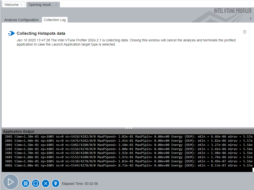 A screenshot of Intel VTune's collection log tab whilst profiling data is being collected. It includes a console titled application output, which shows the applications output stream. Below this there are buttons to start, pause, stop and cancel profiling.