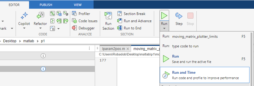 A screenshot of MATLAB R2025b showing part of the Editor tab, including the drop-down menu from the 'Run' button which includes the 'Run and Time' option.
